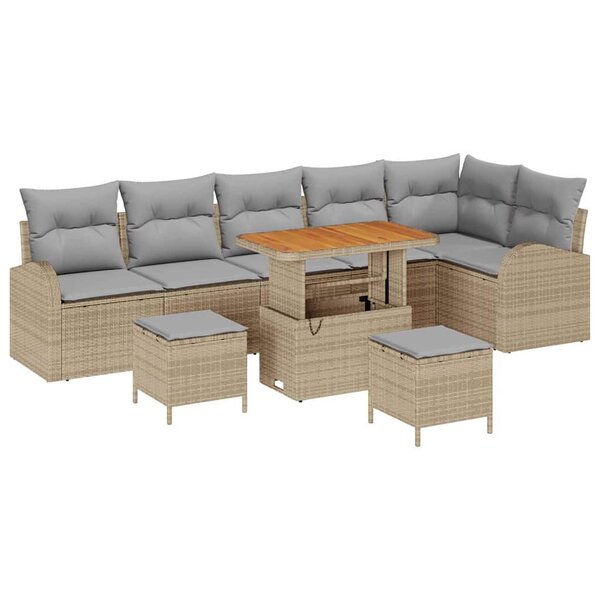 Ensemble de canapé de jardin vidaXL 9 pièces avec coussins en rattan poly beige acacia