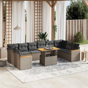 vidaXL Salon de jardin 11 Pièces avec coussins gris résine tressée