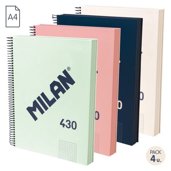 Milan Serie 1918 Pack de 4 Cahiers à Spirale Format A4 Grille 5x5mm - 120 Feuilles de 95 gr/m2 - Micro-perforées  4 Trous - Couleurs Assorties