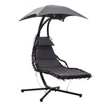 Bain de soleil transat suspendu avec pare-soleil et matelas design contemporain 190L x 115l x 190H cm acier polyester gris foncé noir