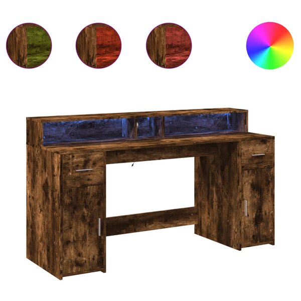 vidaXL Bureau et lumières LED chêne fumé 160x55x91cm bois d'ingénierie