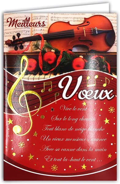 Carte meilleurs vœux doré avec enveloppe paroles chanson vive le vent d'hiver