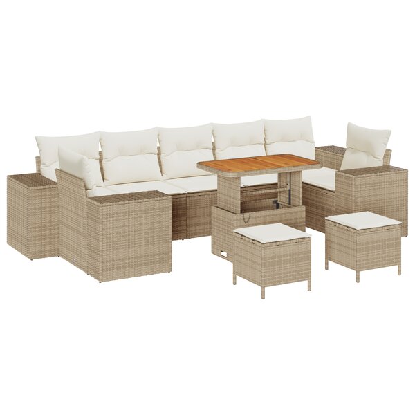 Ensemble de Canapé de Jardin 10 Pièces avec Coussins Beige en Rattan Poly Acacia