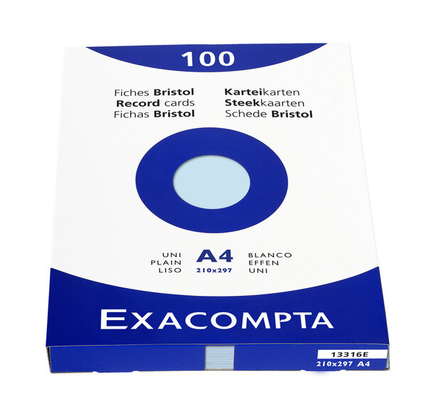 Étui de 100 fiches bristol uni non perforé 210x297mm Azur EXACOMPTA