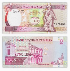 Billet de collection 2 Liri 1994 Malte - Neuf - P45a