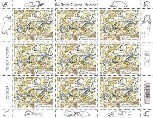 Feuille de 9 timbres - La grotte Chauvet - Lettre verte