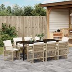 Ensemble de salle à manger de jardin de 9 pièces avec coussins Beige Poly Rotin