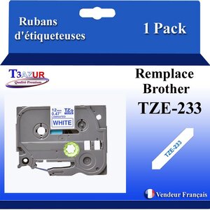 Ruban d'étiqueteuse compatible avec Brother Tze233  Tze-233 pour étiqueteuses P-touch - Texte bleu sur fond blanc - Largeur 12 mm x 8 mètres - T3AZUR