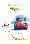 69-3143 Carte Nouveau Départ Retraite Bonne Route Voiture Rouge Vis à font tes projets Peinture Aquarelle -Finitions Dorure Or Doré + Gaufrage en Relief +1 Enveloppe Format 12x17cm -Fabriqué en Europe