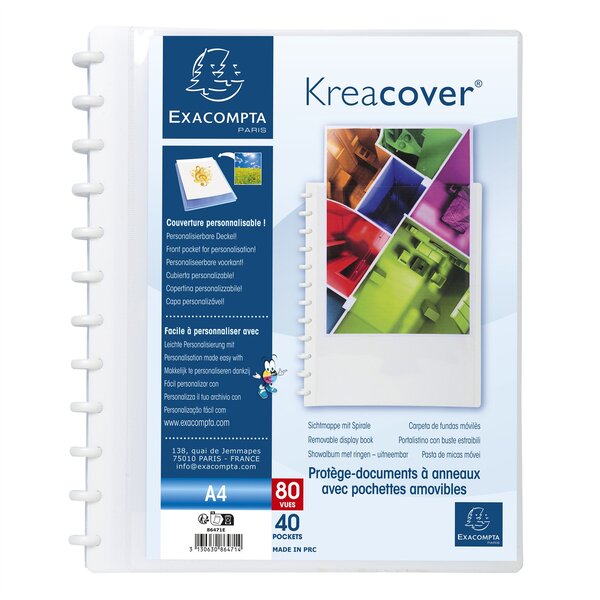 Protège-documents à anneaux et pochettes détachables KreaCover 80 vues - A4 - Blanc EXACOMPTA
