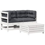 vidaXL Salon de jardin 3 Pièces avec coussins blanc bois de pin massif