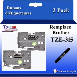 2x Rubans d'étiqueteuses compatibles avec Brother Tze315  Tze-315 pour étiqueteuses P-touch - Texte blanc sur fond noir - Largeur 6 mm x 8 mètres - T3AZUR