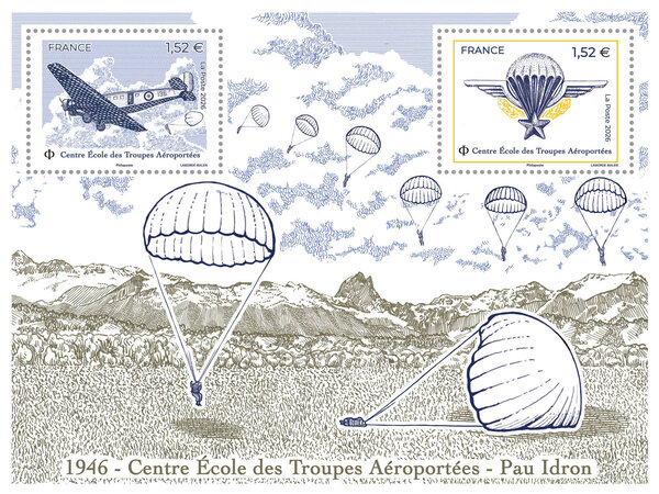 Bloc 2 timbres - 1946 - Centre École des Troupes Aéroportées - Paul Idron - Lettre verte