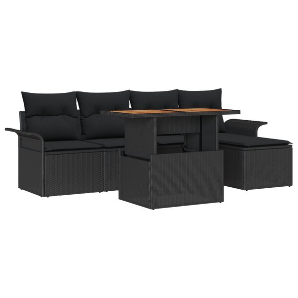 vidaXL Ensemble de salle à manger de jardin 6 pièces avec coussins noir poly rotin acacia