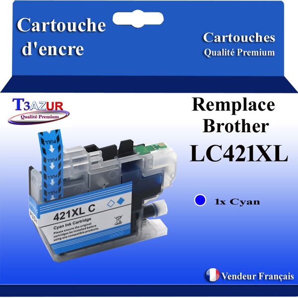 T3AZUR- Cartouche compatible avec Brother LC421 XL pour Brother MFC-J1010DW  Cyan
