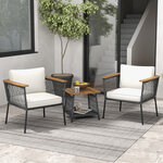 Ensemble 3 pièces salon en rotin avec table basse à 2 niveaux accoudoirs et plateau de table en bois d'acacia coussins de siège blanc 20_0008437