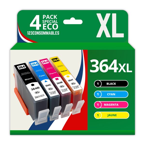 123CONSOMMABLES - 364XL - Pack 4 Cartouches d'encre Compatibles avec HP 364 364XL pour Officejet 4620 4610 4622 Deskjet 3070A 3520 3524 Photosmart 5520 5510 5511 5512 (1 Noir / 1 Cyan / 1 Magenta / 1 Jaune)