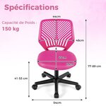 Chaise de bureau pivotante enfants avec hauteur réglable 77-89 cm siège à roulettes avec dossier ergonomique & base à 5 étoiles charge 150 kg rose 20_0008081