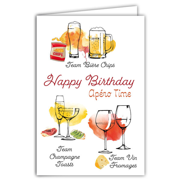 69-4502 Carte Happy Birthday Bières'day Apéro Time Team Bière Chips Champagne Toasts Vin Fromages Clichés français Illustration élégante French Touch - Avec Enveloppe 12x17cm - Fabrication française