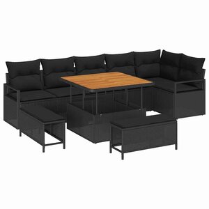 vidaXL Ensemble de canapé de jardin avec coussin 9 Pièces Noir Poly rotin