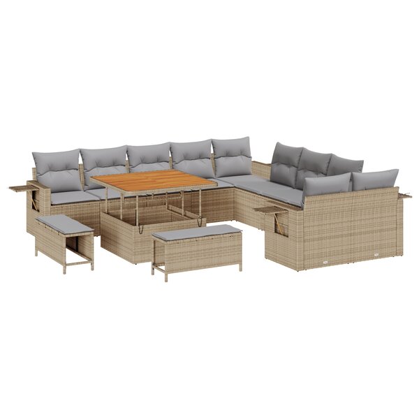 Ensemble de Canapé de Jardin 13 Pièces avec Coussins Beige Rattan Poly Acacia