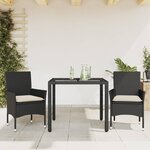 vidaXL Ensemble à manger de jardin et coussins 3 Pièces noir rotin verre