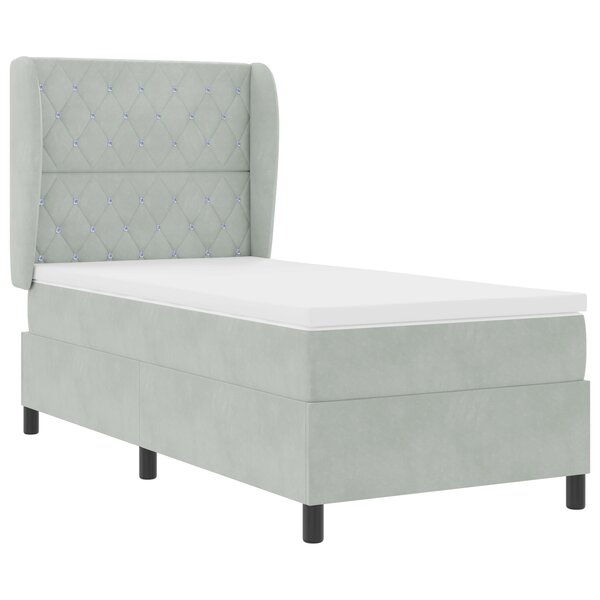 Lit à sommier box spring avec matelas - Gris clair - 90x200 cm - Velours