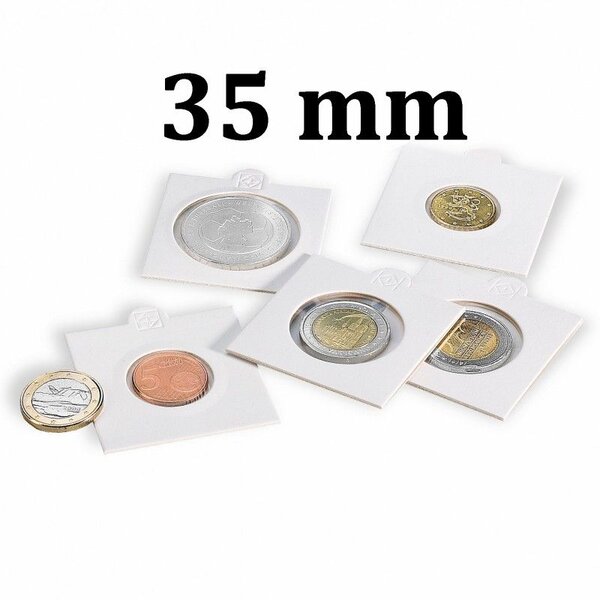 Cadres cartonnés autocollant pour monnaies jusqu'à 35mm. Paquet - 100 étuis