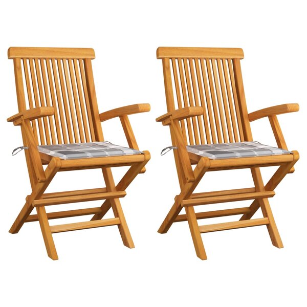 vidaXL Chaises de jardin lot de 2 avec coussins à carreaux gris Teck