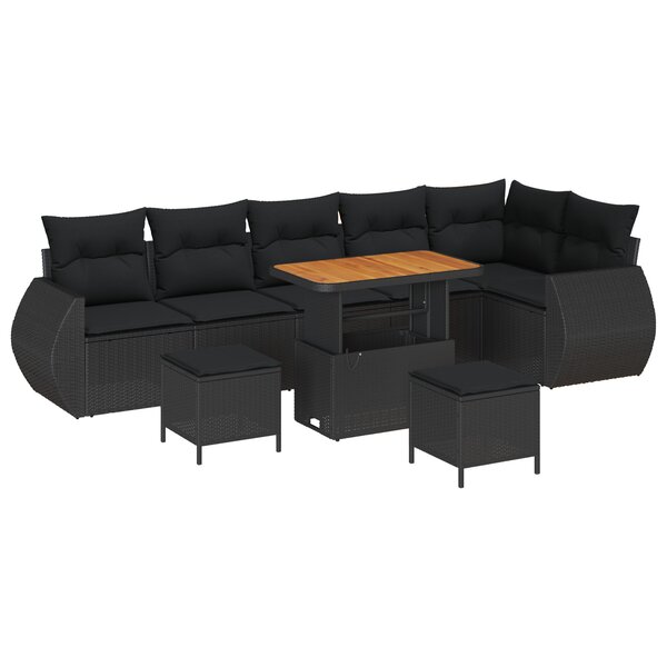 Ensemble de canapés de jardin 9 pièces avec coussins en rattan poly noir acacia