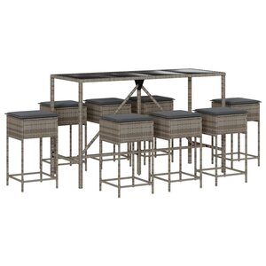 vidaXL Ensemble de bar de jardin 9 Pièces avec coussins gris poly rotin