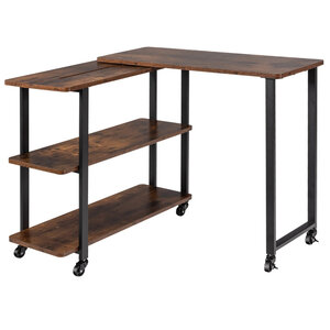 Bureau d'angle à roulettes pour ordinateur bureau en forme L avec 3 etagères cadre en métal café 20_0004828