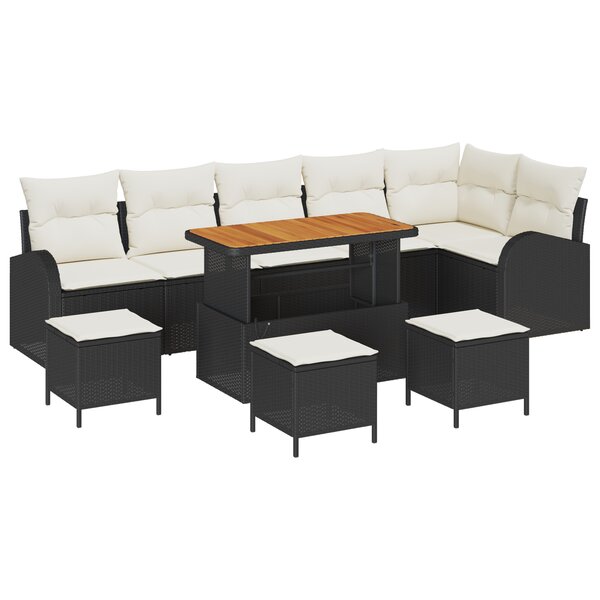 Ensemble de canapés de jardin de 10 pièces avec coussins noir poly rotin acacia