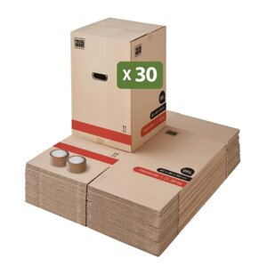 Pack and Move - Lot 30 Cartons Déménagement Premium - 40 X 40 X 60 Cm - Résistance 30 KG - Double Épaisseur - Poignées Renforcées - 2 Adhésifs Offerts
