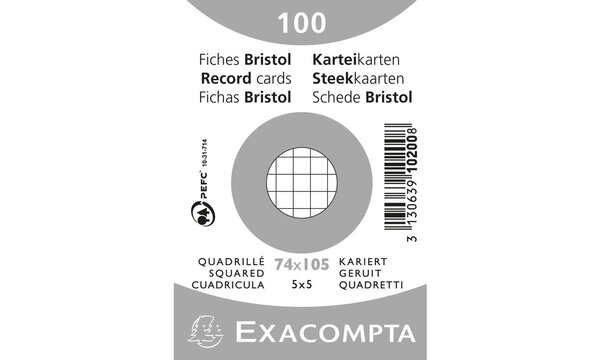 Paquet 100 fiches sous film bristol quadrillé 5x5 non perforé 74x105mm EXACOMPTA