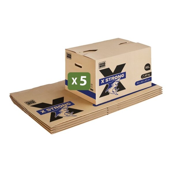 Pack and Move - Lot de 5 Cartons Déménagement X Strong - 60 x 40 x 40 cm - Charge 40 kg - Extrême Résistance - Grande Capacité
