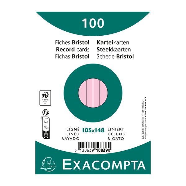 Paquet 100 Fiches Sous Film - Bristol Ligné Non Perforé 105x148mm - Rose - X 20 - Exacompta