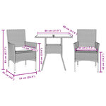 vidaXL Ensemble à manger de jardin et coussins 3 Pièces noir rotin verre