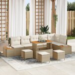Ensemble de Canapés de Jardin 10 Pièces avec Coussins Beige Poly Rattan Acacia