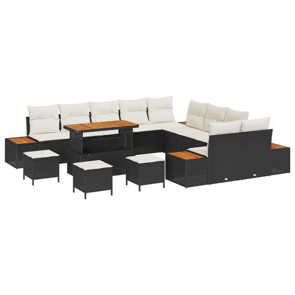 Canapé de jardin vidaXL 14 pièces avec coussins noirs en poly rotin acacia