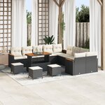 Canapé de Jardin 14 pièces avec Coussins Noir Rattan Poly Acacia