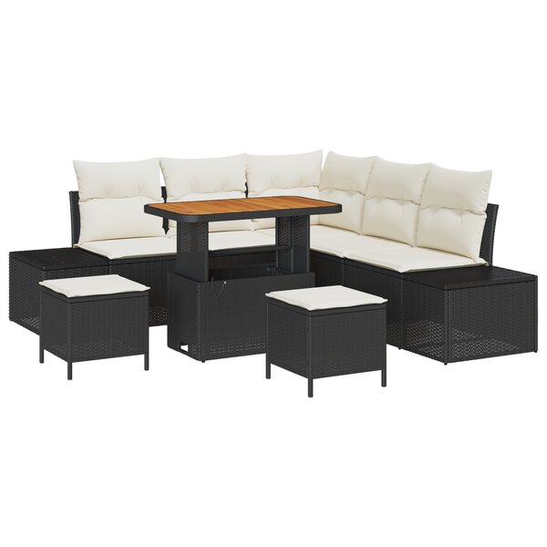 Ensemble de Canapés de Jardin 8 Pièces avec Coussins Noir en Poly Rattan Acacia