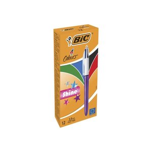 BIC 4 Couleurs Shine Stylos-Bille Rétractables Pointe Moyenne (1,0 mm) - Corps Violet Métallisé, Boîte de 12