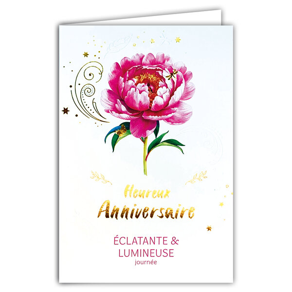 69-3101 Carte Anniversaire pour Fille Femme éclatante et Lumineuse Journée Fleur Pivoine Rose - Finitions Dorure Or Doré et Gaufrage en Relief - Avec Enveloppe Format 12x17cm - Fabriqué en Europe