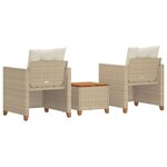 vidaXL Ensemble de bistro 3 Pièces coussins beige résine tressée acacia