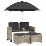 vidaXL Canapé de jardin 2 places et parasol tabourets gris clair rotin