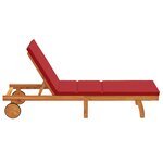 Chaise longue vidaXL avec des roulettes et un coussin rouge en bois massif