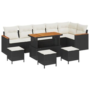 Set de 10 pièces de canapés de jardin avec coussins noir poly rattan acacia