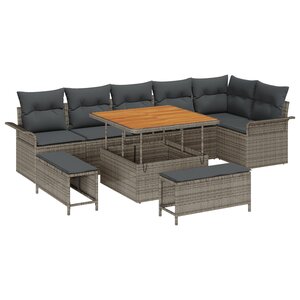 vidaXL Canapés de Jardin 9 Pièces avec Coussins Gris Poly Rattan Acacia