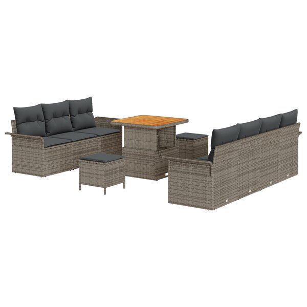 Ensemble de sofa de jardin 10 pièces avec coussins gris poly rotin acacia